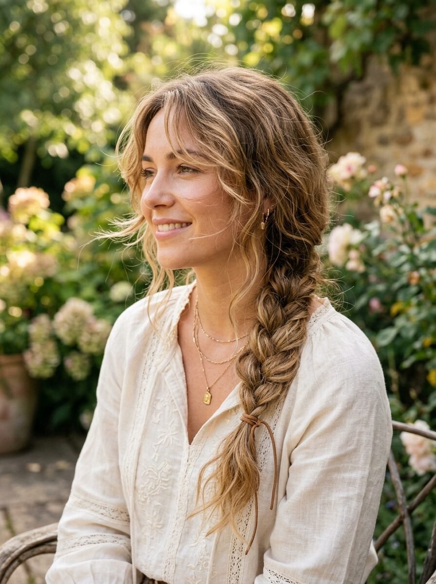 Profile view of a smiling woman with blonde hair styled in a loose side braid, wearing delicate layered necklaces.