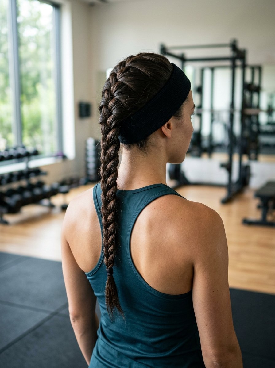 Back view of a woman in a teal tank top with her hair styled in a long French braid in a fitness center.