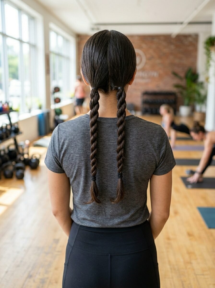 Back view of a person with dark hair styled in two long twisted braids standing in a yoga studio.