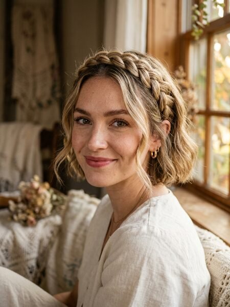 Close-up of a smiling woman featuring a thick Dutch braid across the top of her short wavy blonde hair.