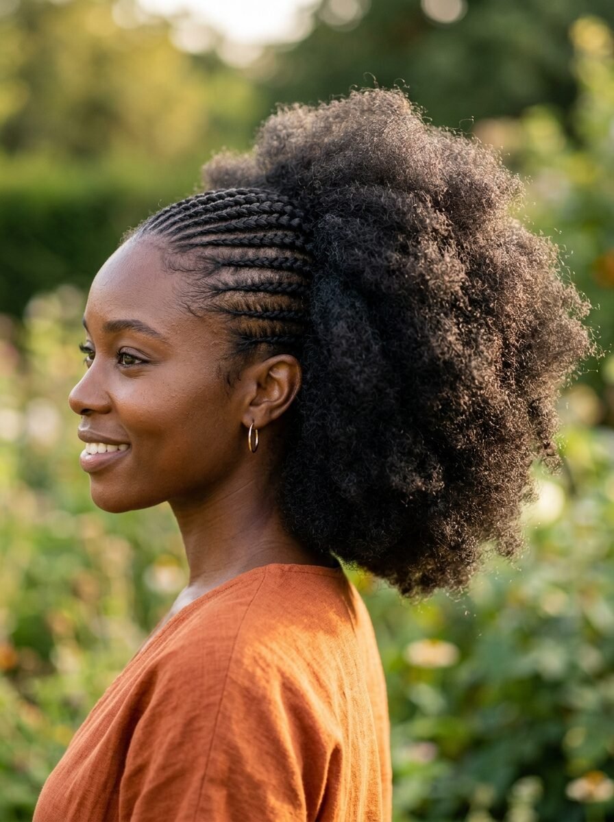 Side view of a Black woman with cornrows and a high curly ponytail wearing an orange linen shirt.