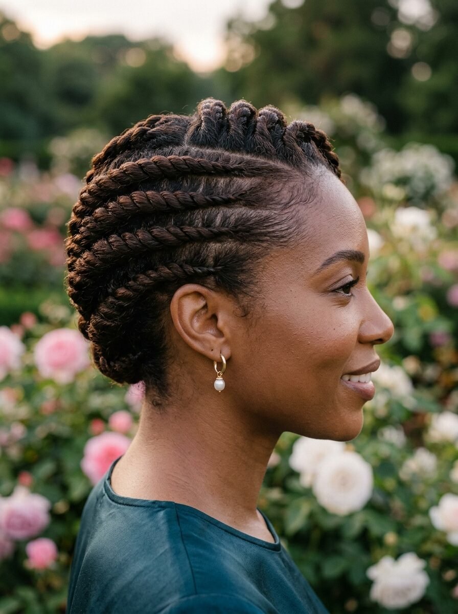 Side profile of a woman with braided twists styled into a crown, wearing gold pearl drop earrings.
