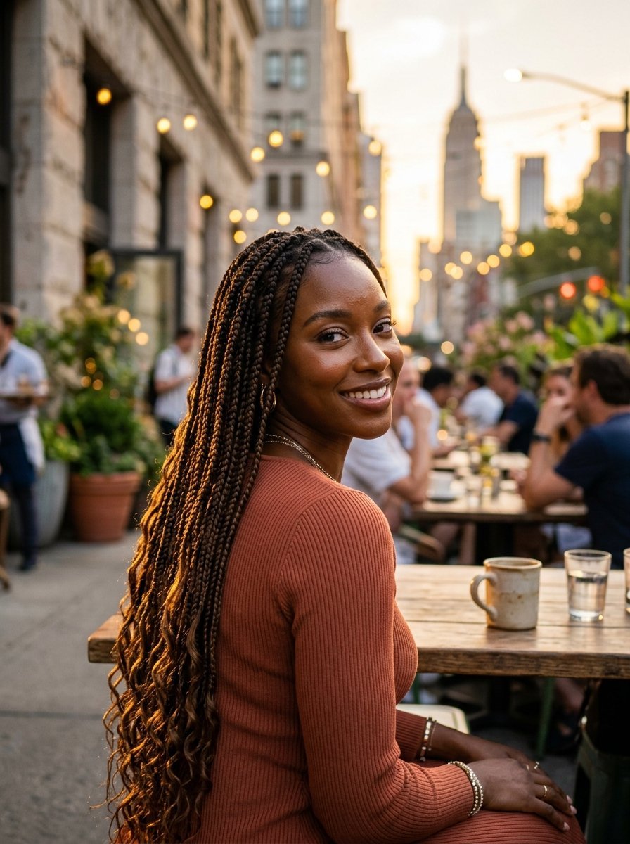 Portrait of a Black woman with long braids wearing a rust-colored top sitting at an outdoor restaurant at sunset.