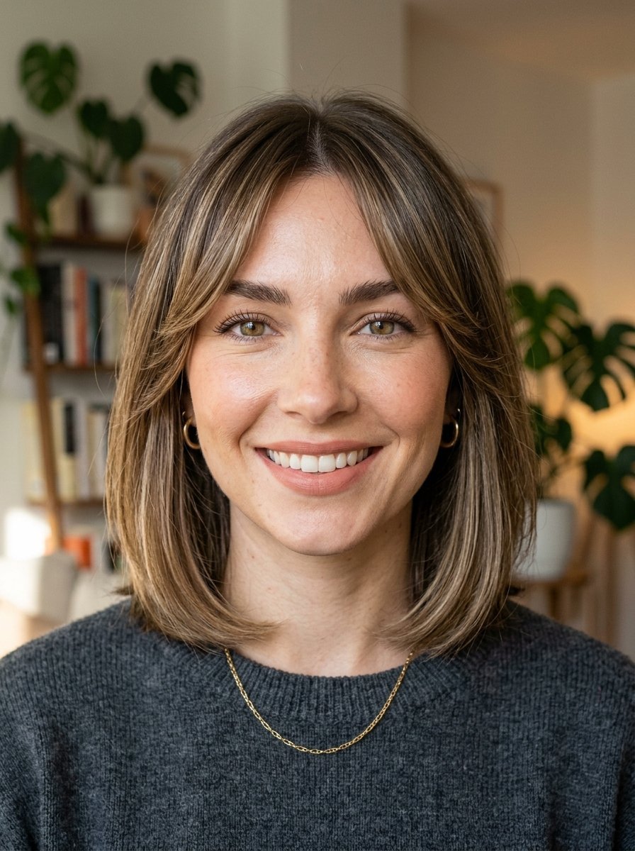 A friendly portrait of a woman with a layered brown bob hairstyle and curtain bangs posing indoors.