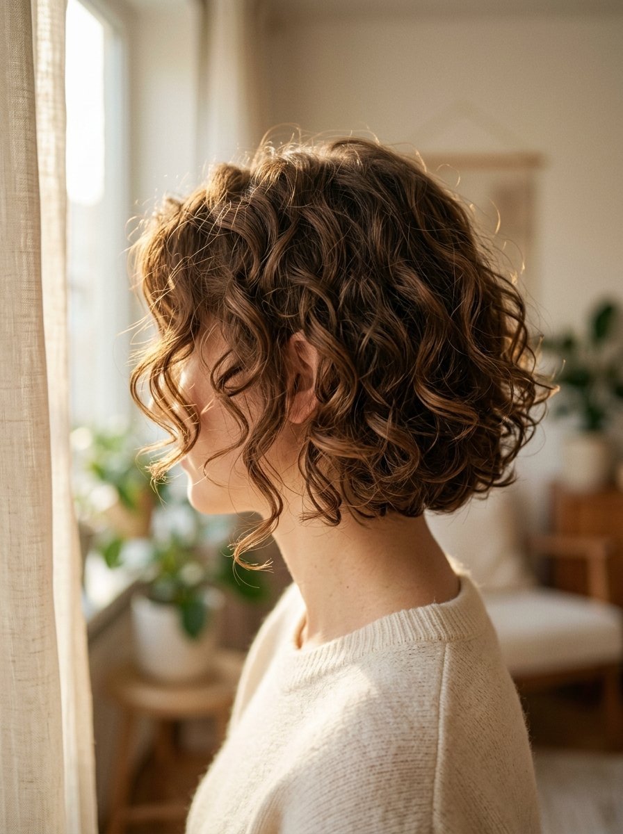 A person with a textured brown bob hairstyle standing near a bright window in a cozy home setting.