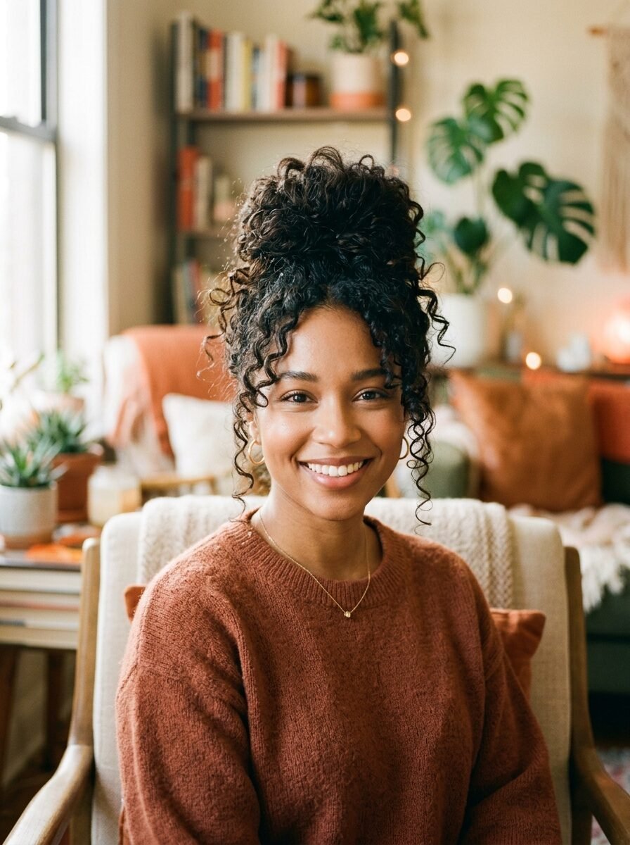 Portrait of a smiling woman with dark curly hair styled in a high bun wearing a rust-colored sweater.