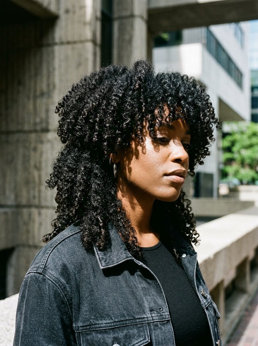 Portrait of a woman with voluminous natural curls wearing a washed black denim jacket outdoors.