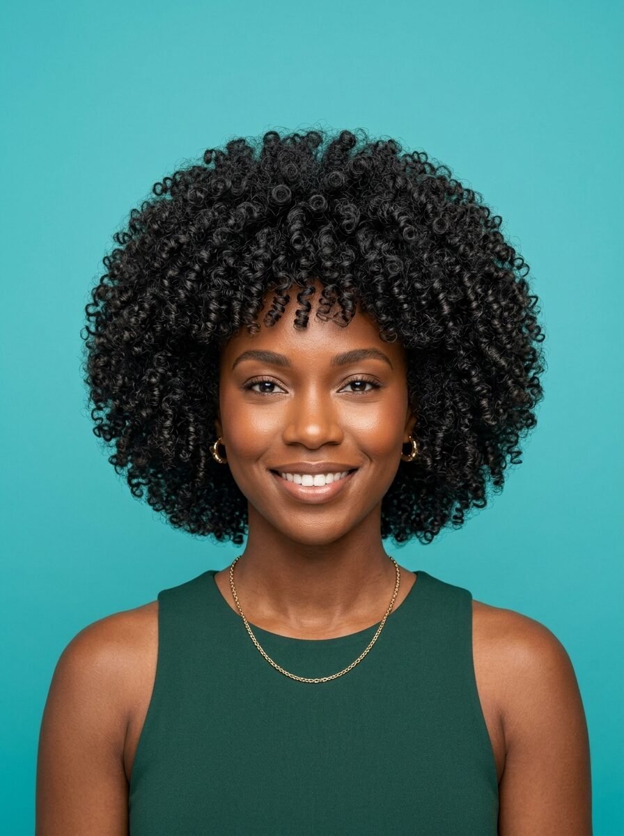 Portrait of a smiling Black woman with voluminous dark curly hair wearing a green top against a teal background.