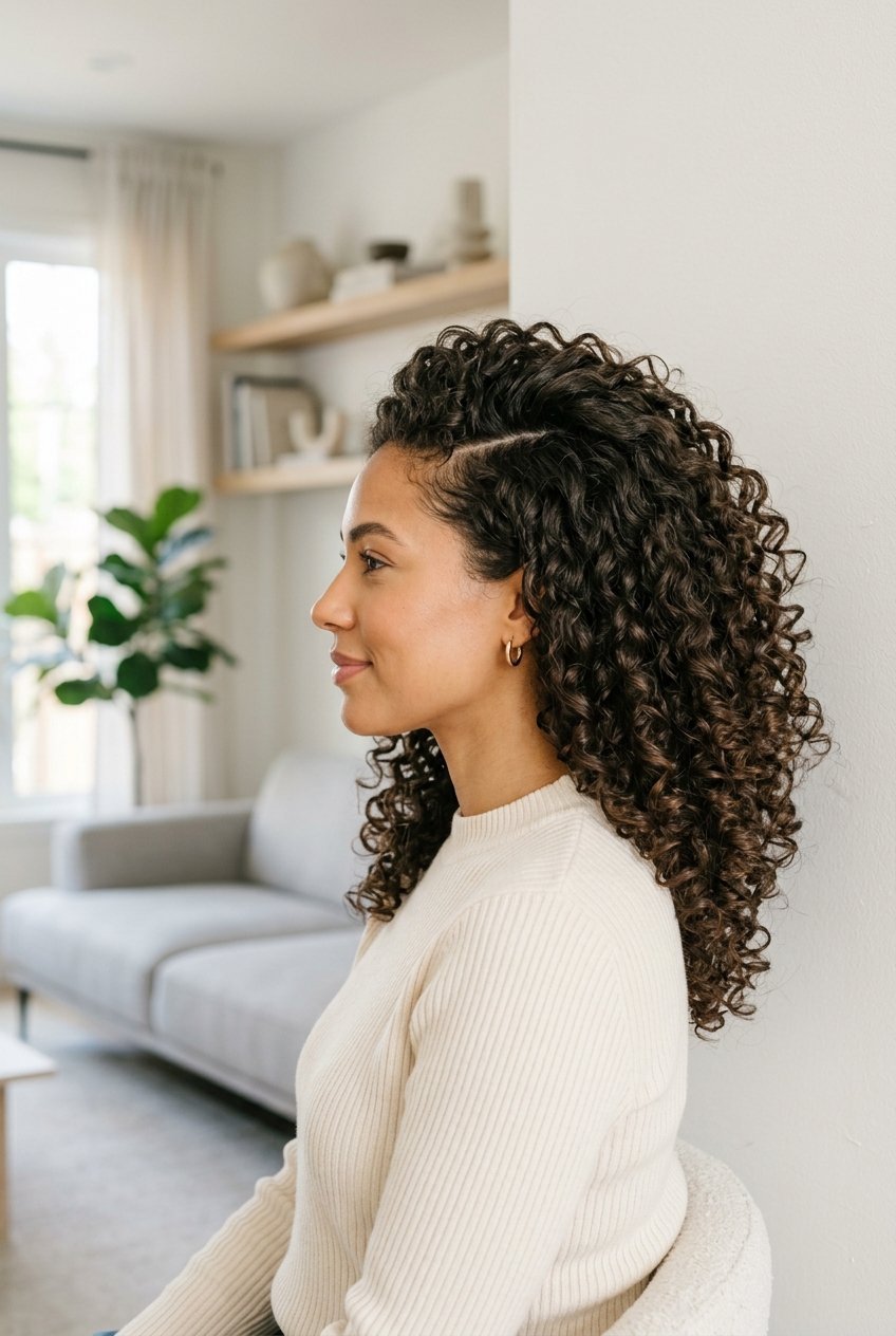 Side profile view of a woman wearing a cream ribbed sweater with long dark curly hair in a bright living room.