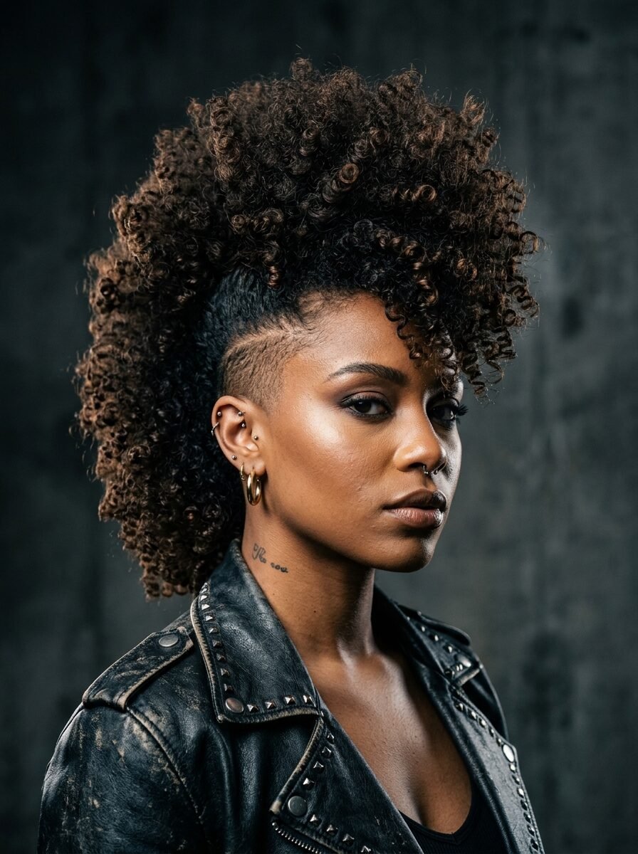 Close-up portrait of a woman with a curly hair mohawk, nose ring, and black studded leather jacket.
