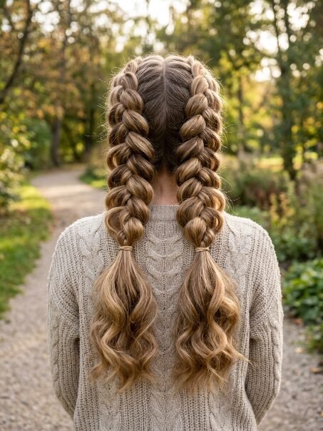 Back view of a person with long blonde hair styled in two thick dutch braids outdoors in a park.