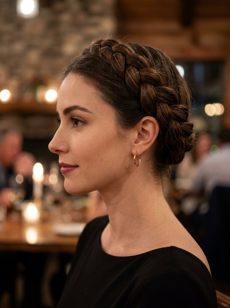 Close-up profile of a brunette woman with a thick braided updo hairstyle at a dimly lit dinner party.