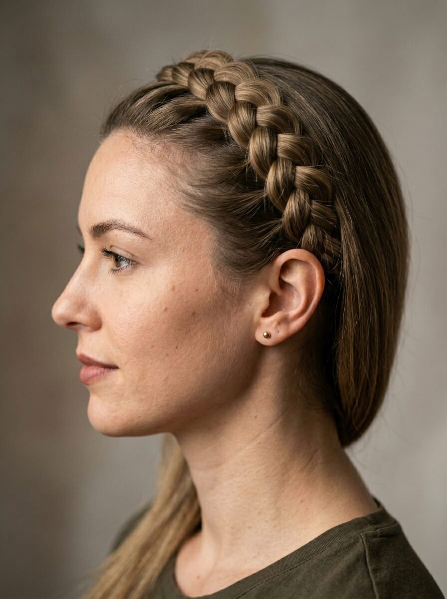 Side profile of a woman with long light brown hair styled in a neat Dutch braid across the crown of her head.
