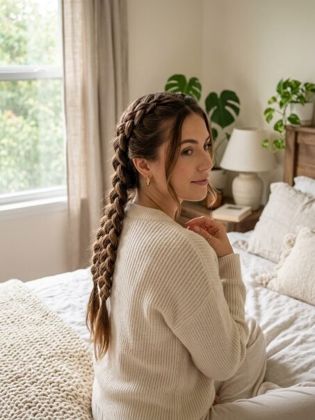 Close up of a woman sitting on a bed wearing a cream knit sweater and a textured dutch braid hairstyle.
