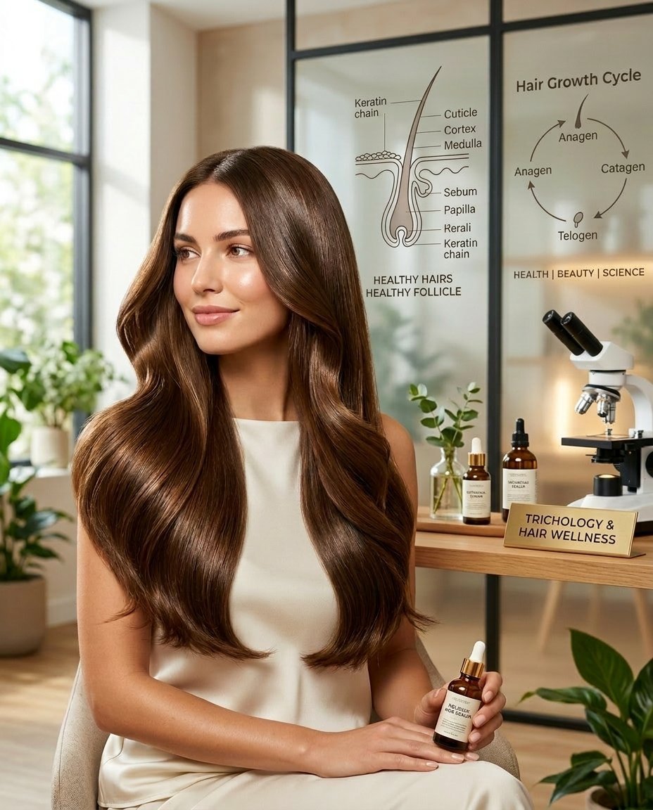 A woman holding a hair serum bottle in a room with a microscope and scientific hair anatomy diagrams.