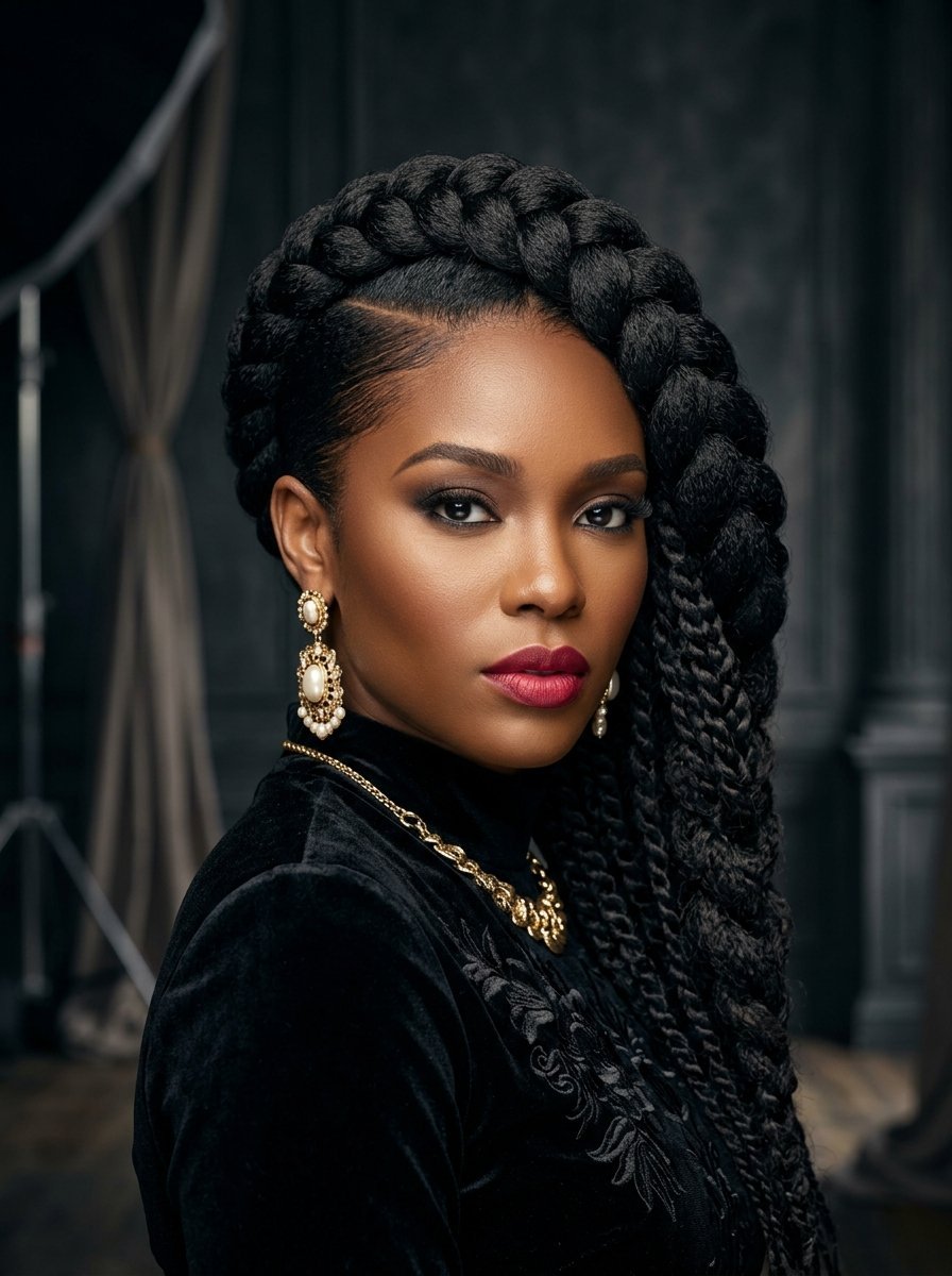 Close-up portrait of a Black woman with a large, intricate side-swept braid wearing pearls and a black velvet dress.