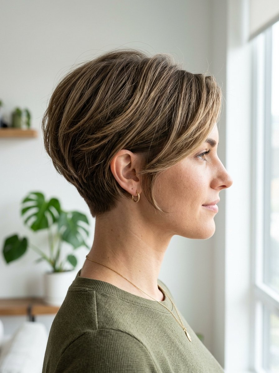 Profile view of a woman with brunette hair styled in a layered pixie cut wearing small gold hoop earrings.