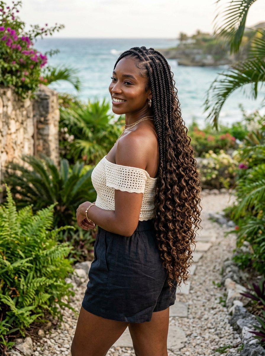 Young woman with long, curly brown braided hair standing on a path near the ocean.