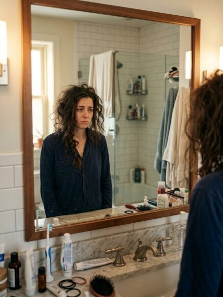 A woman in pajamas looking sleep-deprived and disheveled at her reflection in a framed bathroom mirror.