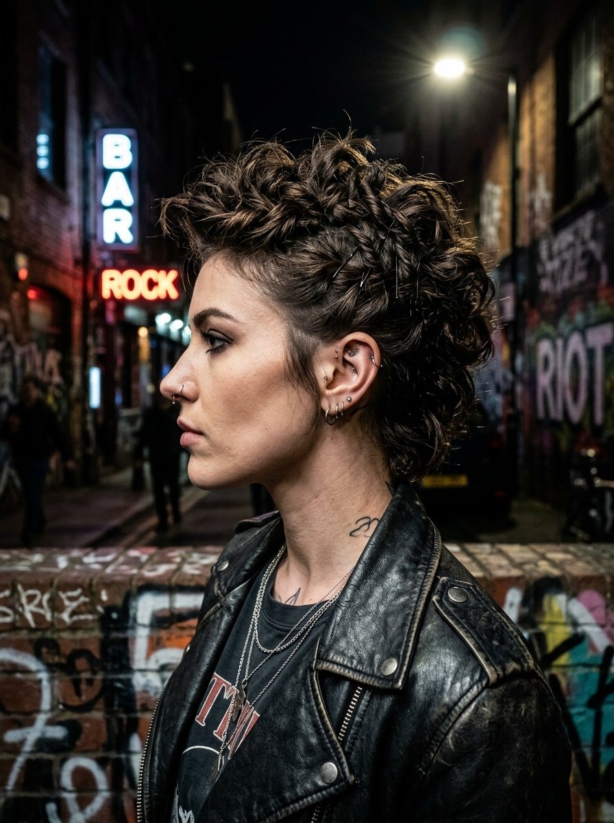 Profile view of a woman with braided hair, piercings, and a leather jacket standing in an urban alleyway at night.