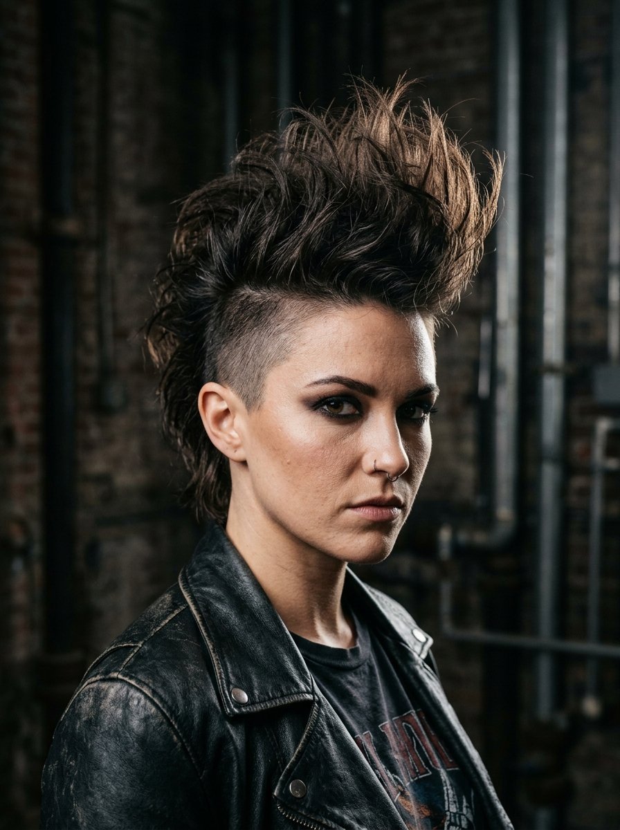 Close-up of a woman in a black leather jacket featuring a shaved side undercut and tall voluminous hair.