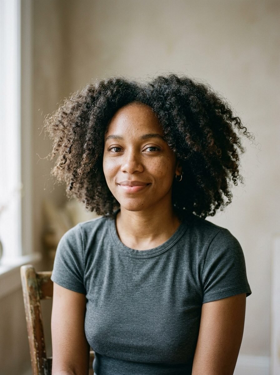 A friendly woman with dark textured curls posing in a grey t-shirt.