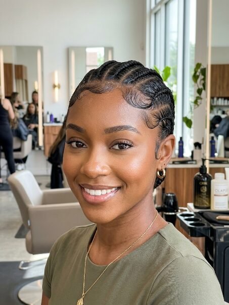 Portrait of a woman with braided hair and styled baby hairs in a salon