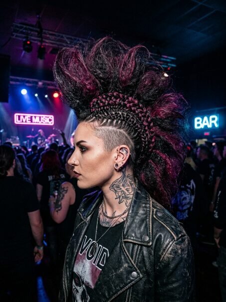 Profile view of a woman with a purple mohawk and shaved sides wearing a leather jacket at a concert.