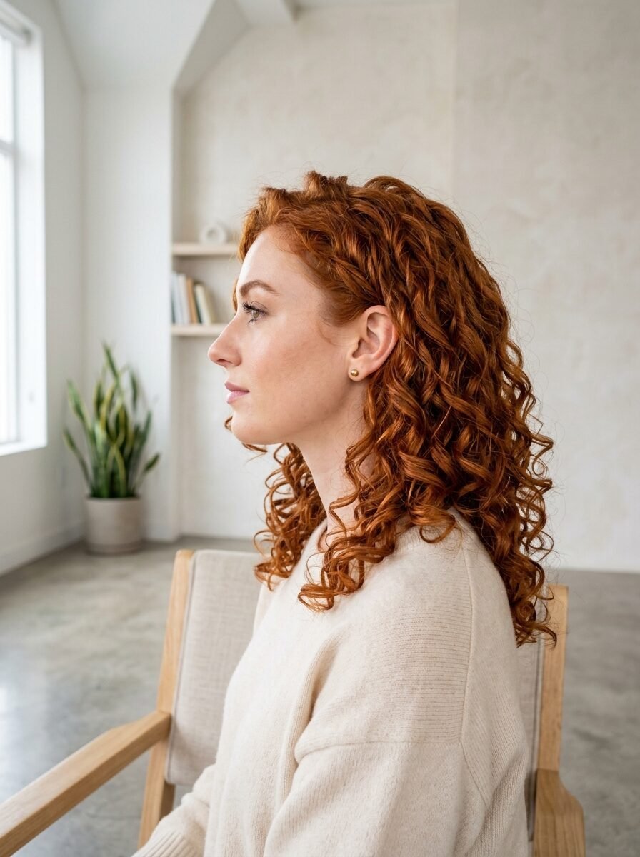 Side profile of a red-headed woman wearing a cream sweater in a bright, modern living room space.