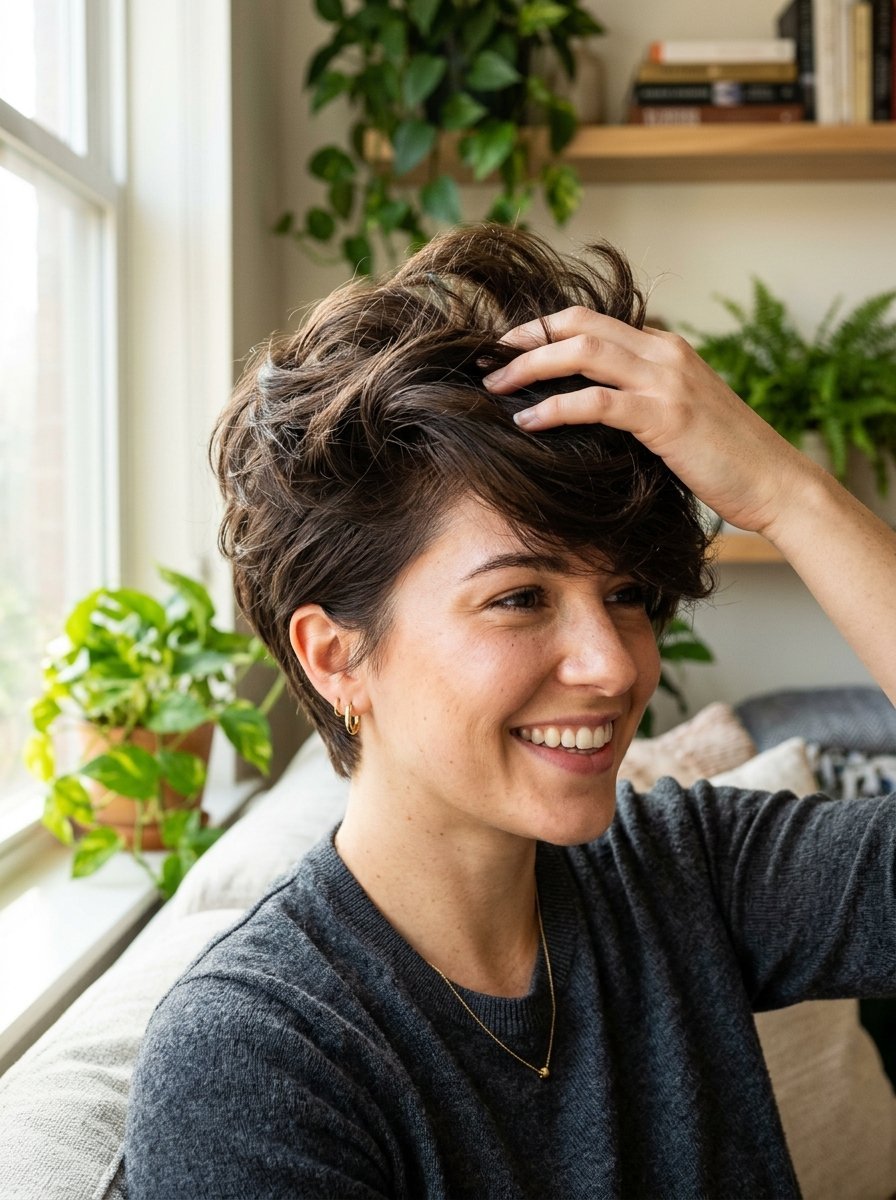 A smiling young woman with a short layered brown haircut sitting on a couch with house plants in the background.