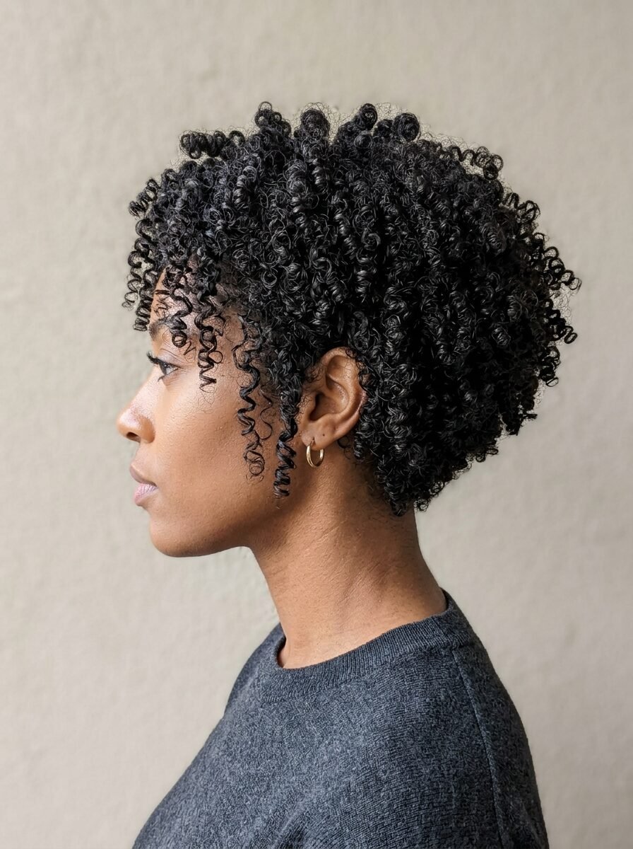 A side view of a woman with dark, textured, tightly coiled short hair and a small gold hoop earring.