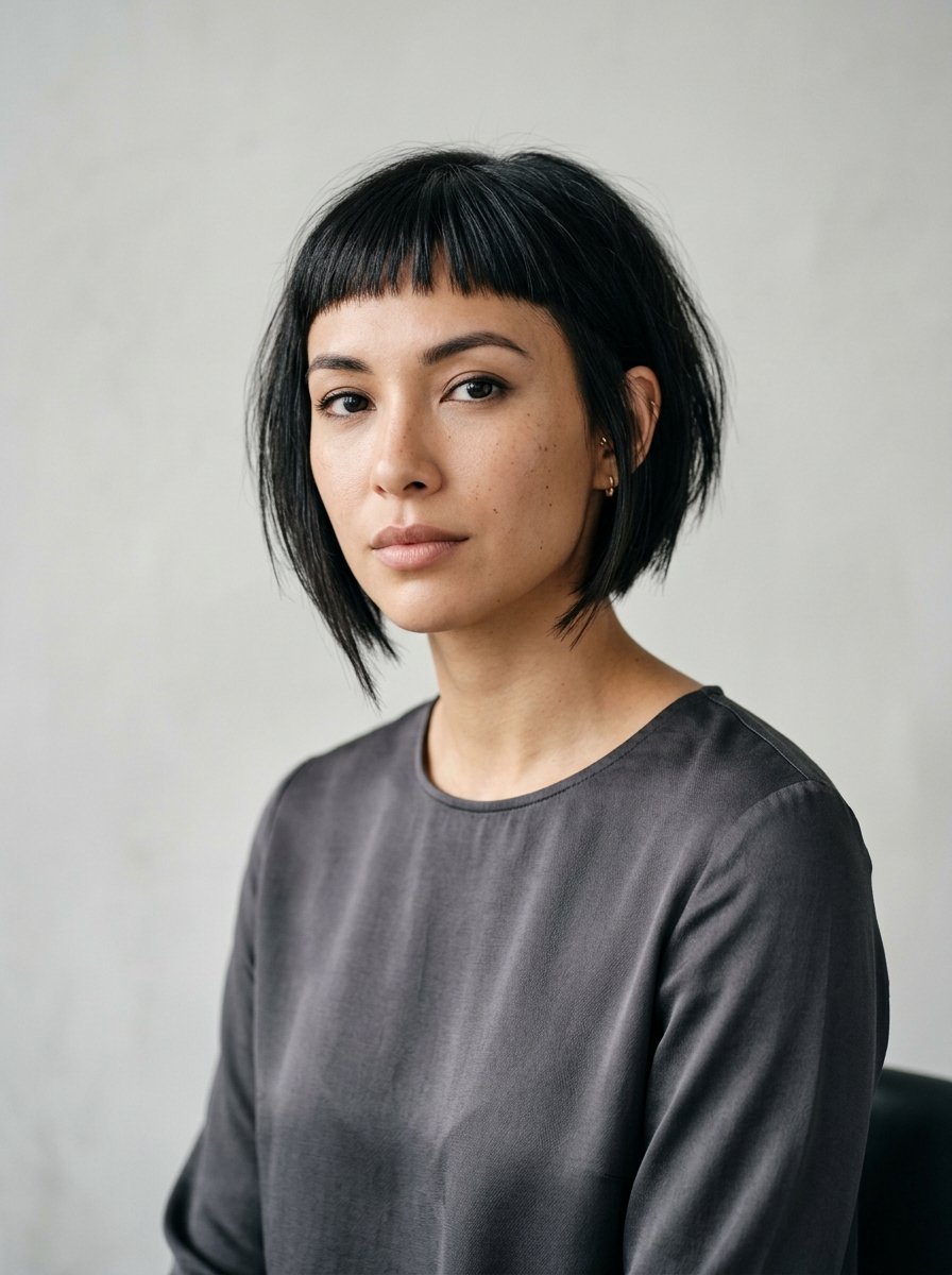 Close-up portrait of a woman with dark hair, blunt bangs, and a grey shirt against a neutral background.
