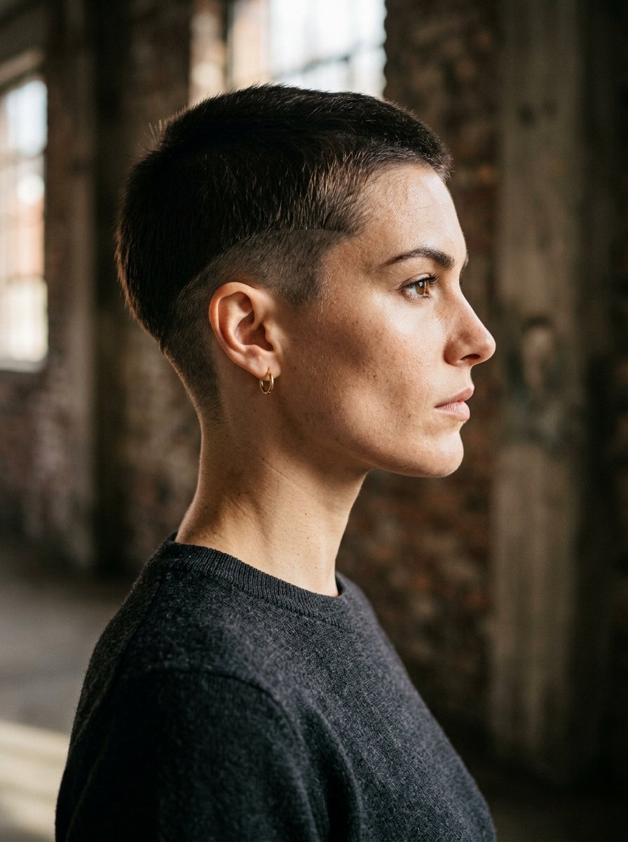 Side view of a woman with a faded short hairstyle and a gold hoop earring in a rustic industrial building.