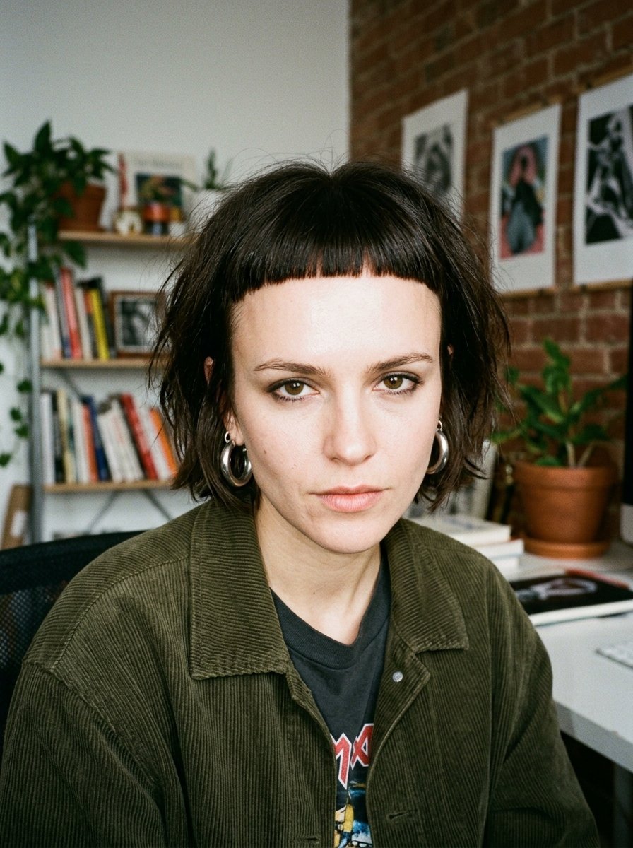 Portrait of a woman wearing a green corduroy shirt and silver hoop earrings in a home office setting.