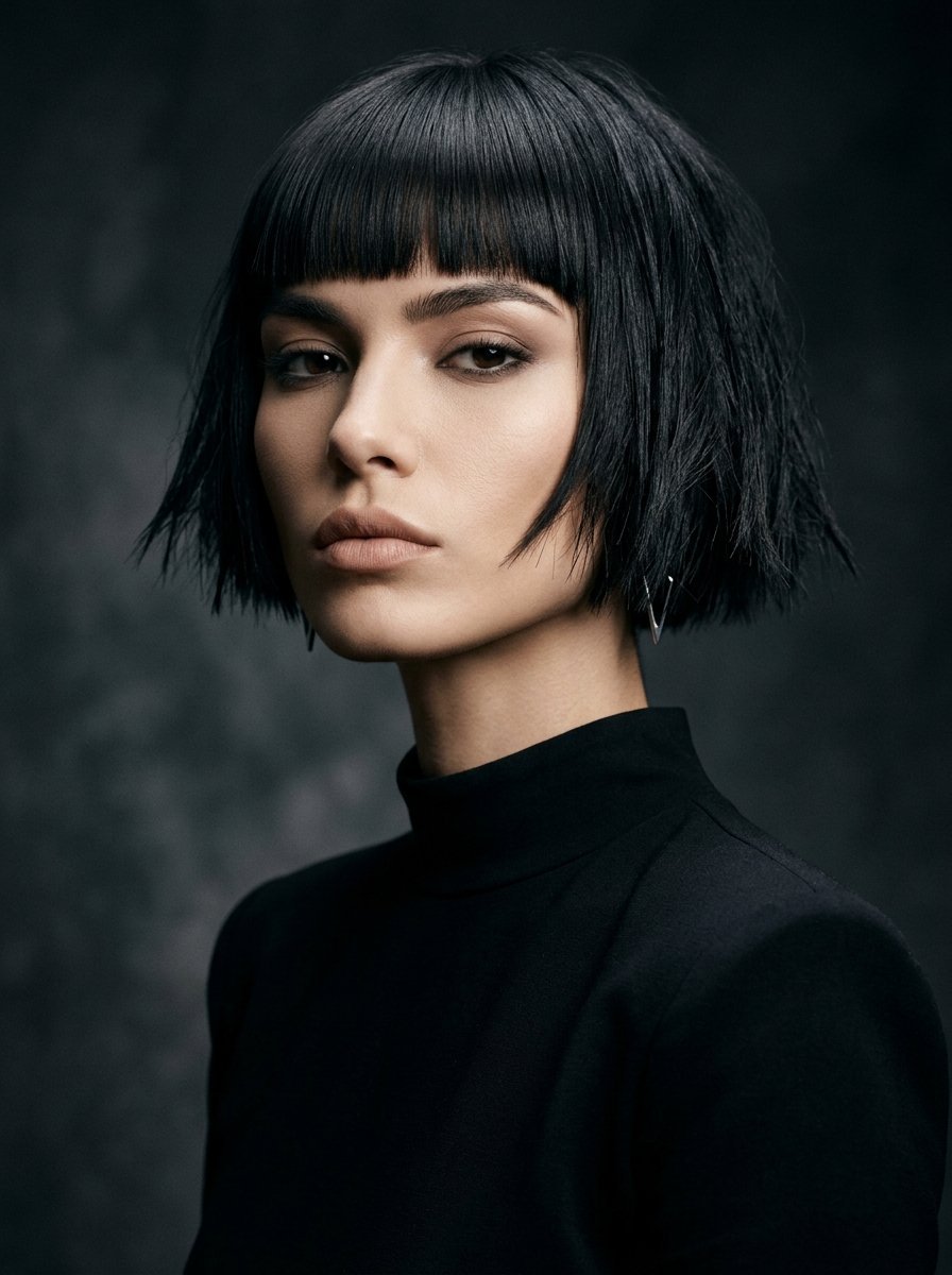 Close up portrait of a young woman featuring a blunt black haircut and bangs against a textured dark background.
