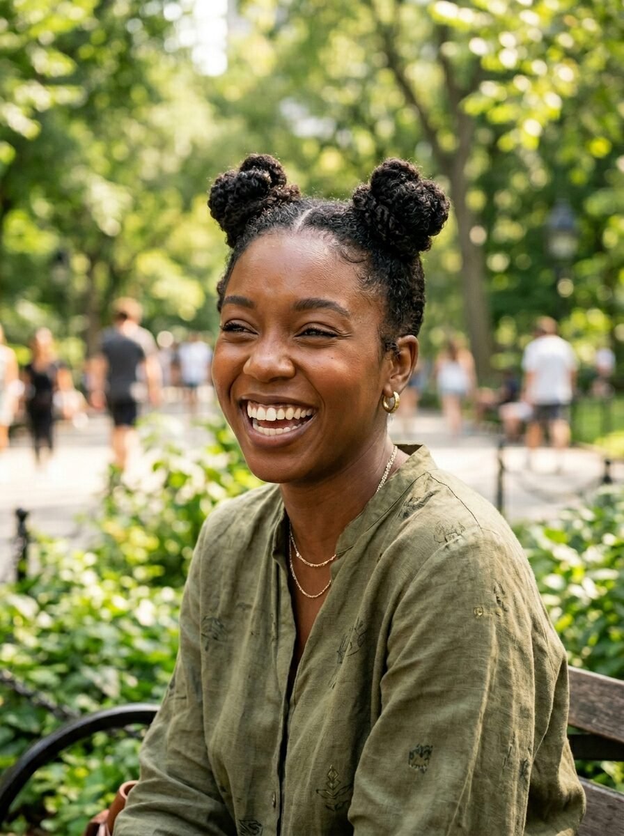 Portrait of a smiling Black woman with a double bun hairstyle sitting outdoors