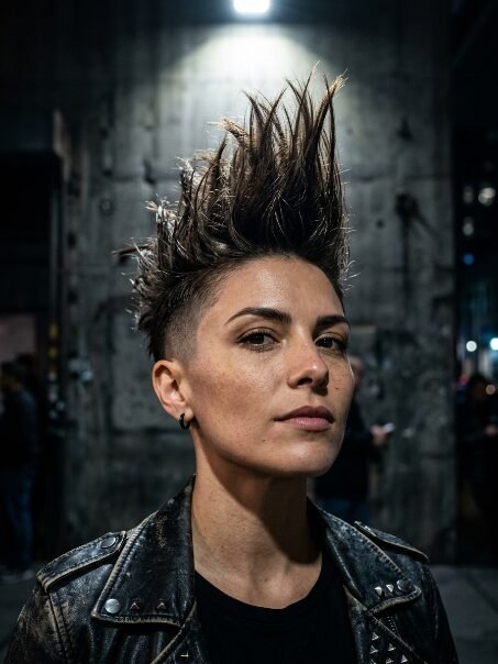 Close-up of a person with a tall spiky mohawk and faded sides wearing a black leather jacket at night.