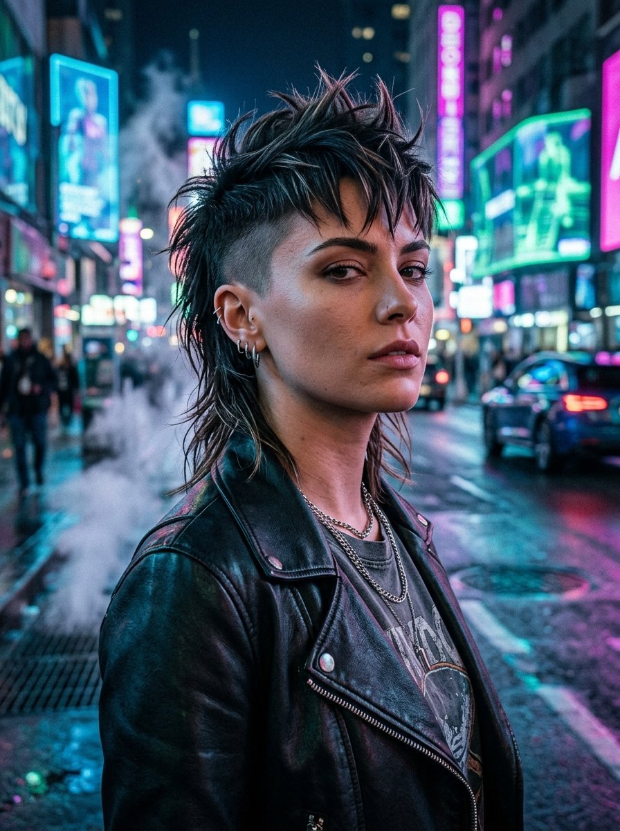 Portrait of a person with a layered spiky mullet and ear piercings wearing a black leather jacket on a city street.