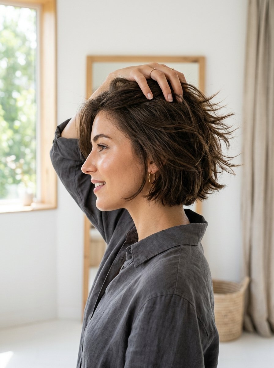 Profile view of a woman with short dark hair in a charcoal linen shirt touching her head.