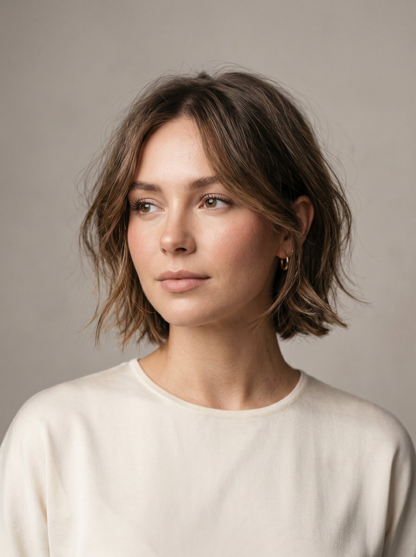 Portrait of a woman with shoulder-length tousled brown hair and small gold hoop earrings.
