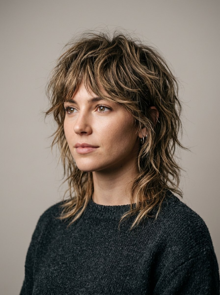 Close-up portrait of a woman with choppy layered brown hair and small silver hoop earrings.