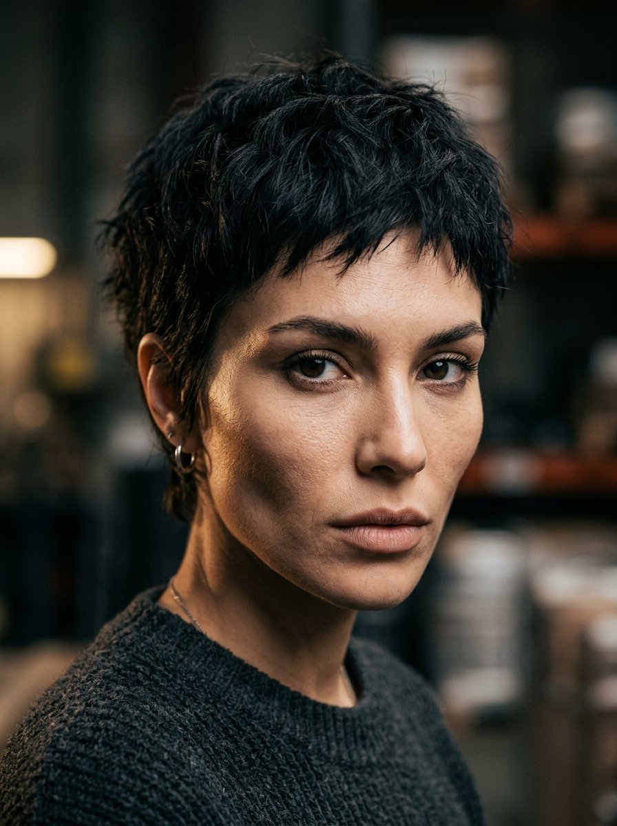 Close-up headshot of a woman featuring dark, short, textured hair and a serious expression.