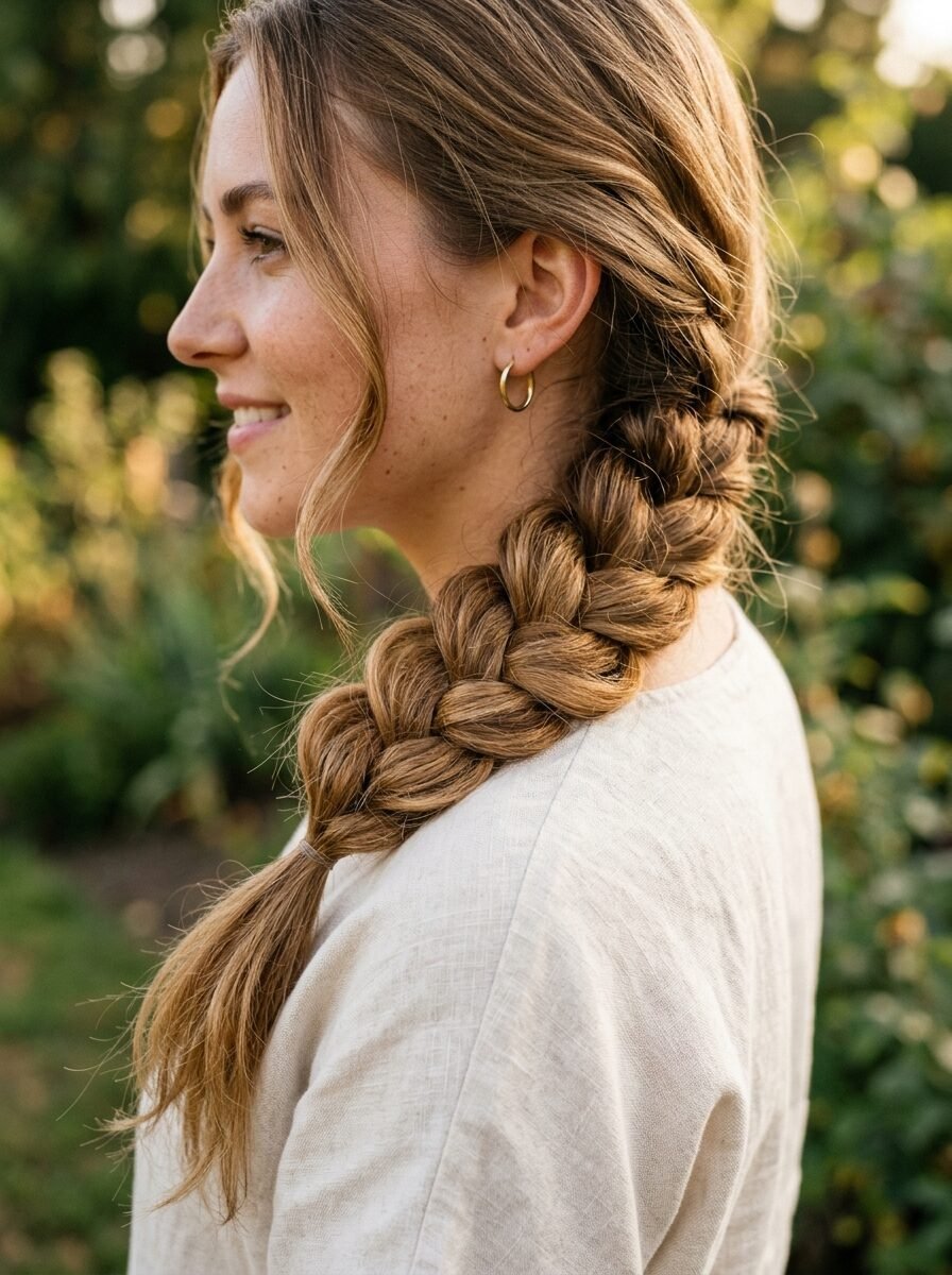 Close-up profile of a woman with long wavy brown hair styled in a thick side braid wearing a linen shirt.
