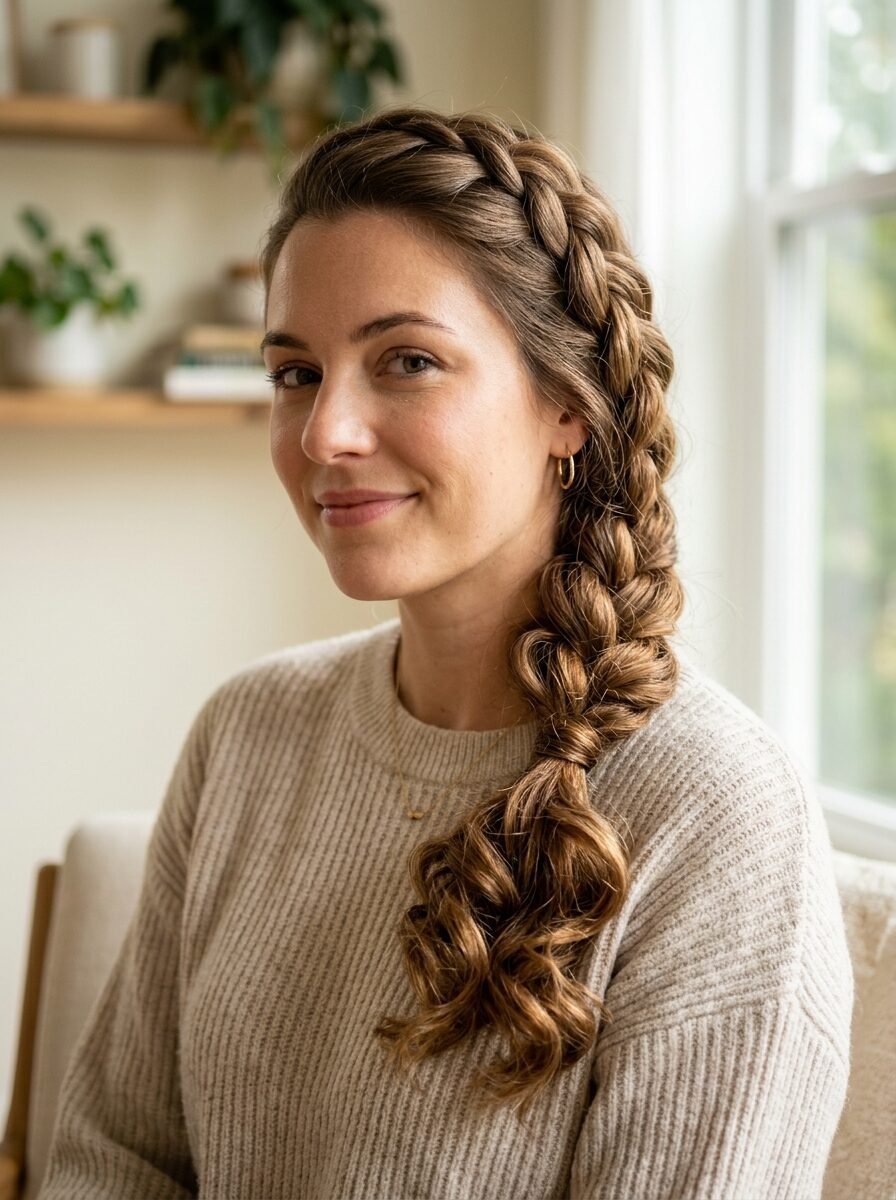 Portrait of a woman in a beige sweater with her hair styled in a voluminous braid resting over her shoulder.