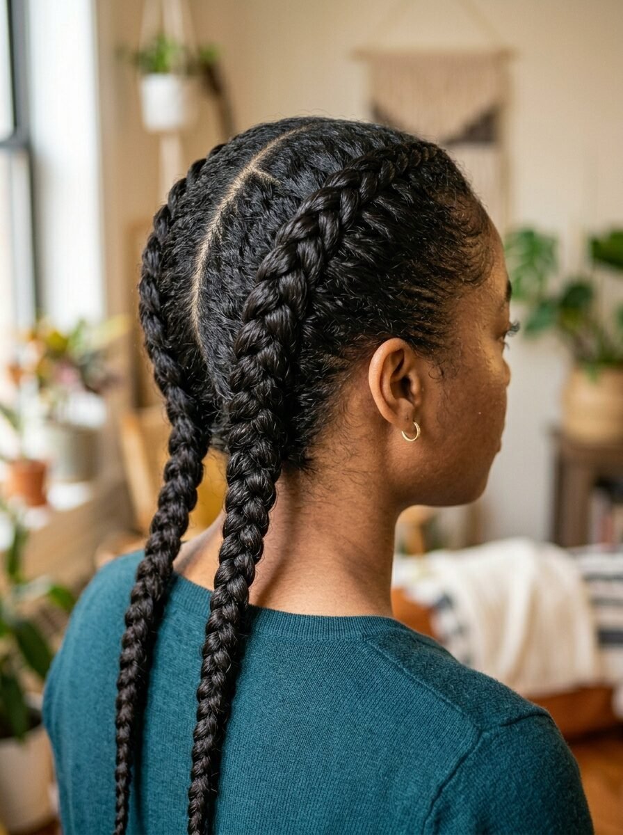 Close up of a woman from behind showcasing her two long, neat braided pigtails.