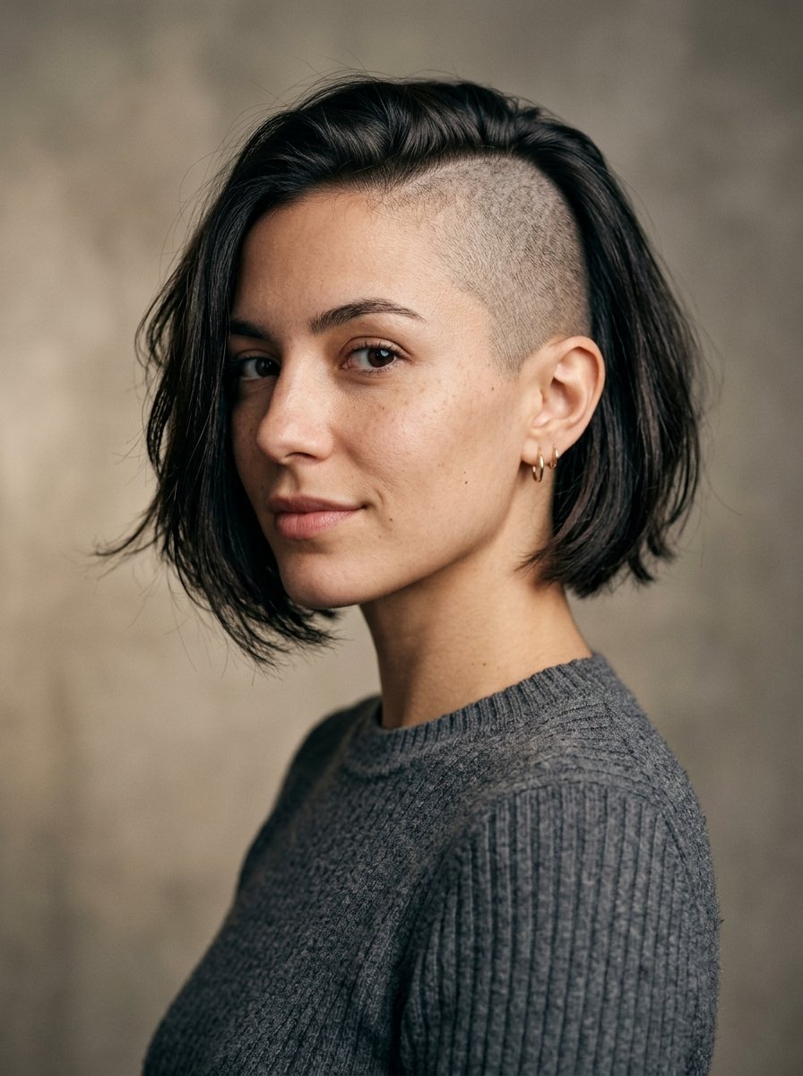 Portrait of a woman wearing a grey sweater showing her shaved side undercut hairstyle.