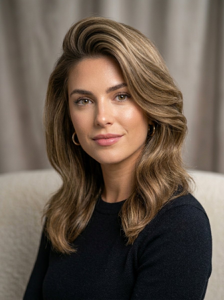 Close up photo of a woman with highlighted brown hair wearing a black shirt and small gold hoop earrings.