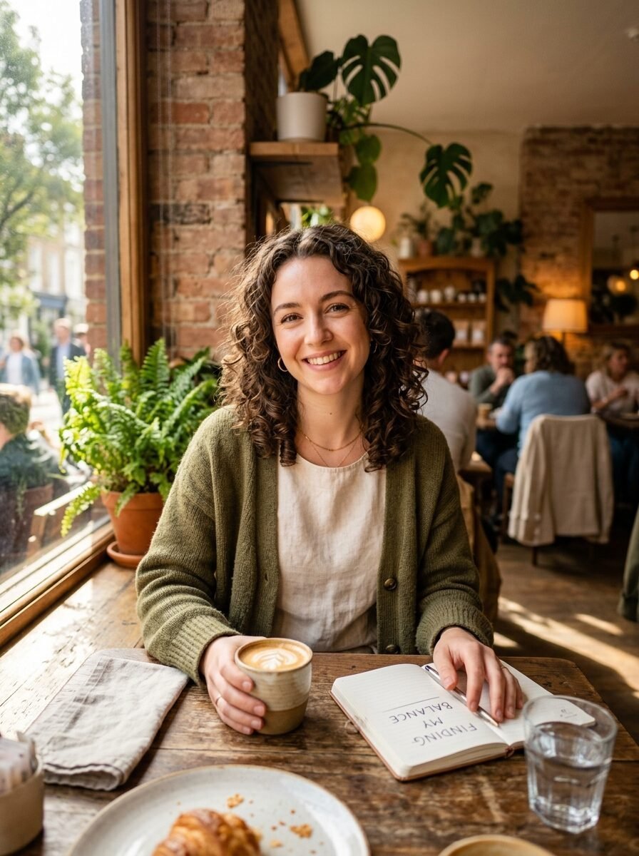 A woman with curly hair sits at a wooden cafe table holding a coffee cup next to a journal reading finding my balance.