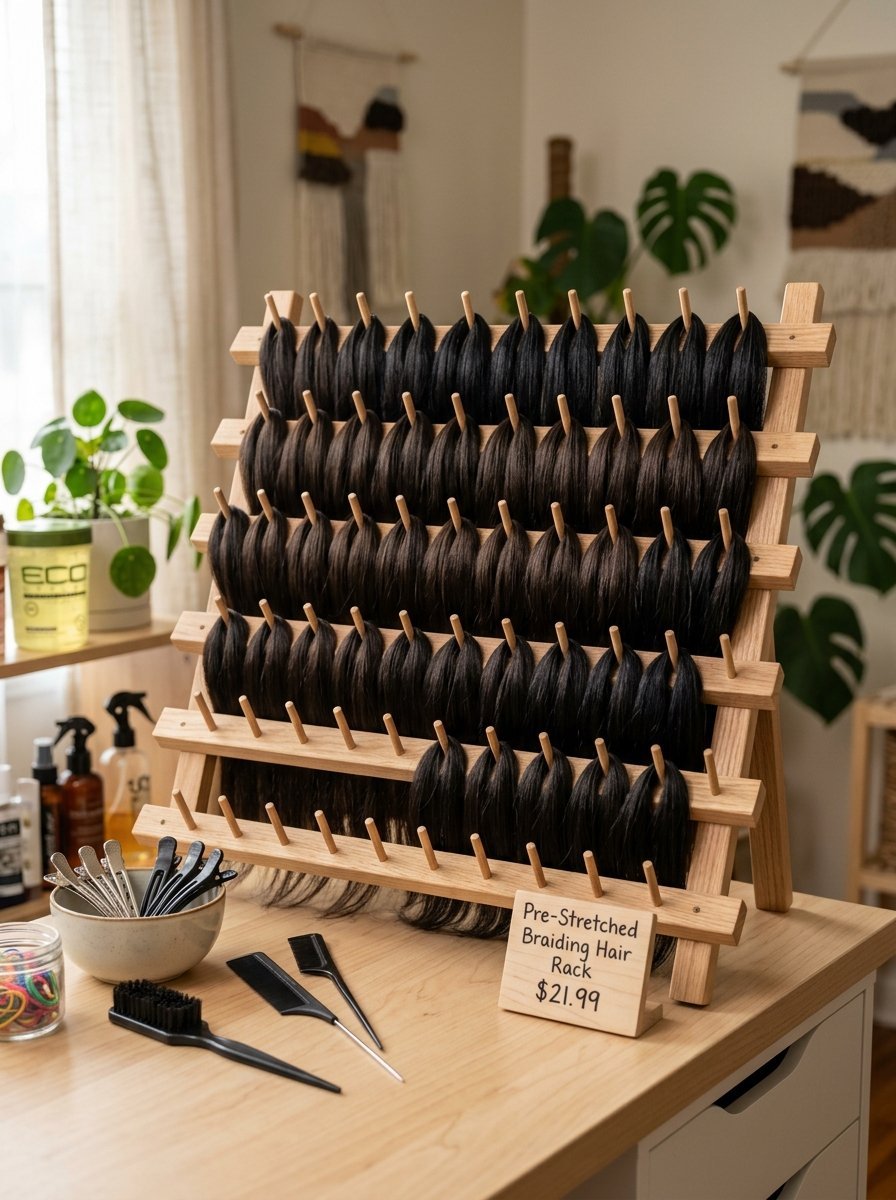 A wooden hair rack on a table holds many sections of black braiding hair with styling tools nearby.