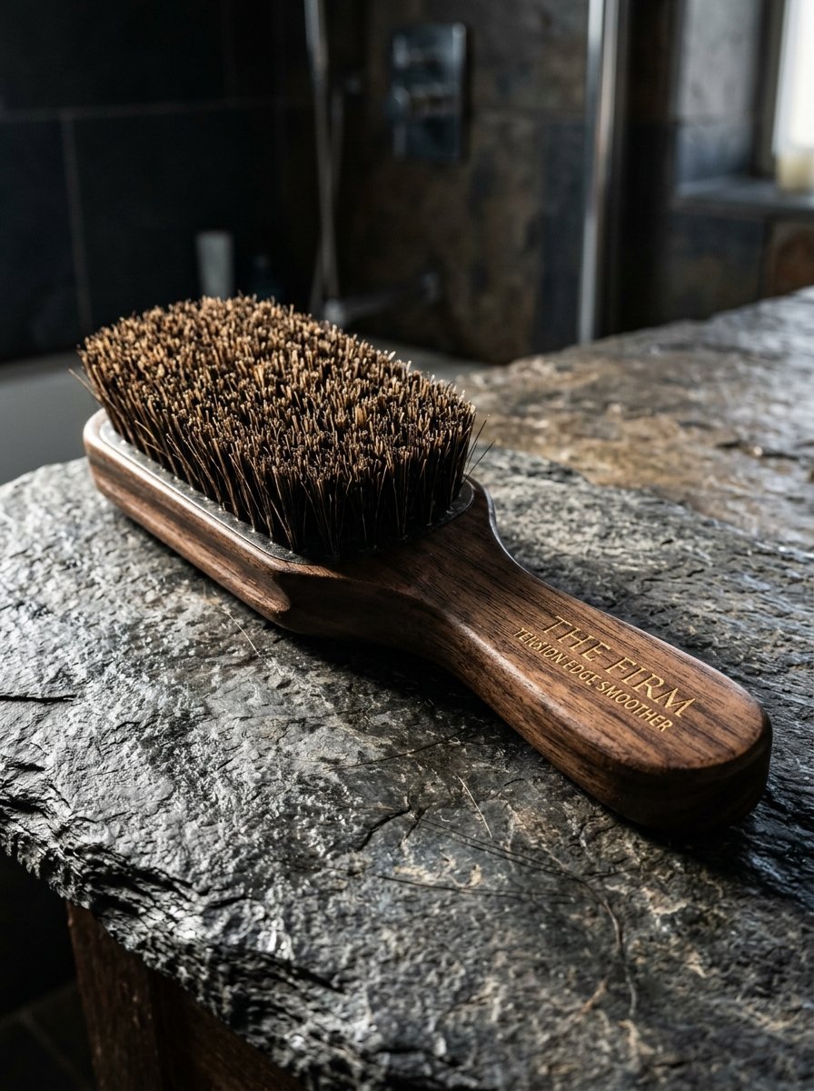 The Firm tension edge smoother brush with dark bristles resting on a rough stone surface in a bathroom setting.